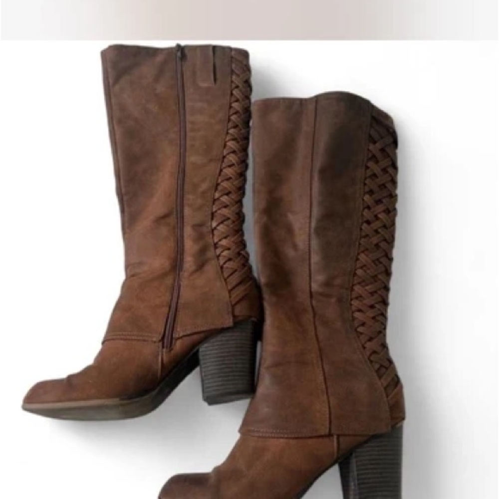 Woven-Panel Brown Mid-Calf Heeled Boots